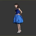 Woman In Blue Sleeveless Dress With Fluffy Skirt And White Shoes Posing In Gray Background