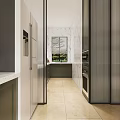 Modern Kitchen Interior With White And Dark Green Cabinets Marble Countertops And Brick Wall