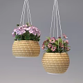 Hanging Potted Plants With Woven Pots And Purple Pink Flowers