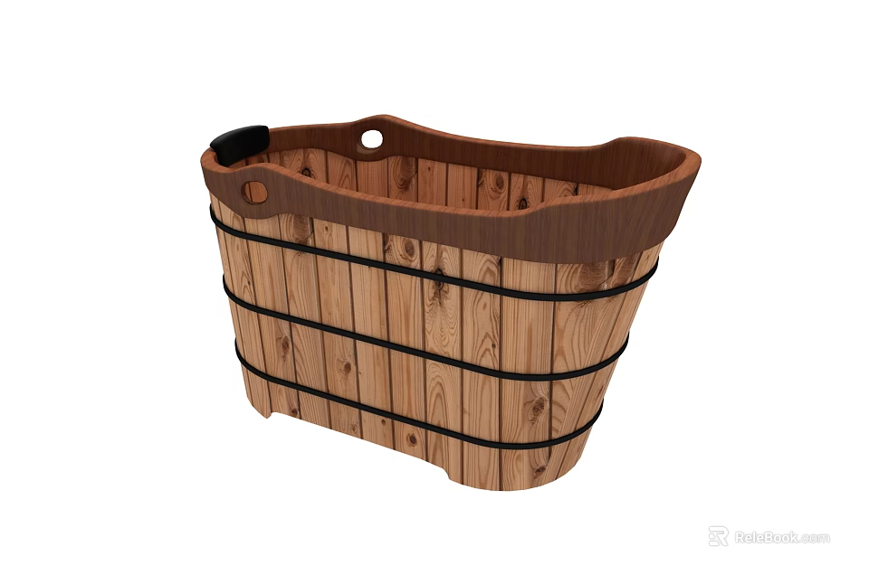 Wooden Barrel Shaped Bathtub with Black Straps and Natural Wood Slats 3d model 