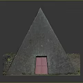 Ancient Pyramid Structure With Stone Bricks Red Door And Green Grass Exterior