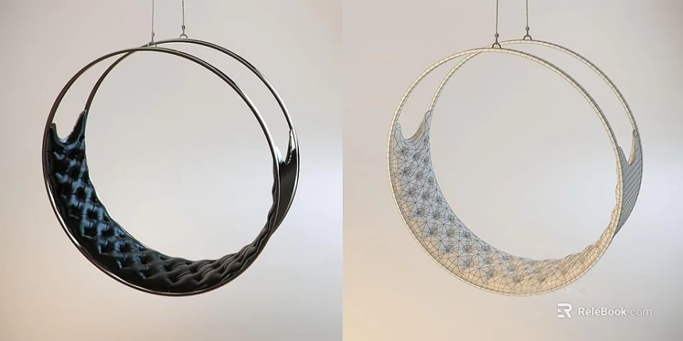 Stylish Hanging Chair Designs With Circular Frame And Woven Texture In Black And Silver 3d model 