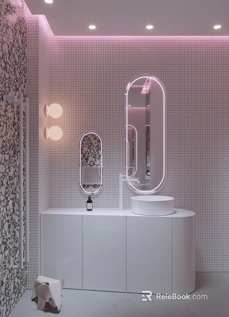 Modern Hotel Bathroom With Oval Backlit Mirror Wall Sconces White Countertop And Grid Tile Walls 3d model 