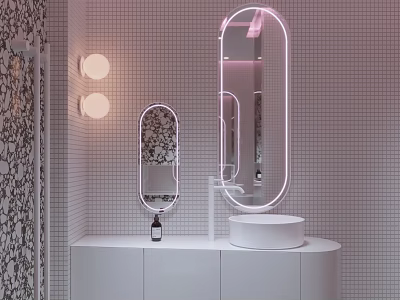 Modern Hotel Bathroom With Oval Backlit Mirror Wall Sconces White Countertop And Grid Tile Walls 3d model