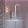 Modern Hotel Bathroom With Oval Backlit Mirror Wall Sconces White Countertop And Grid Tile Walls