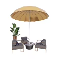 Outdoor Table and Chairs Set with Beige Umbrella Gray Chairs and Green Plant
