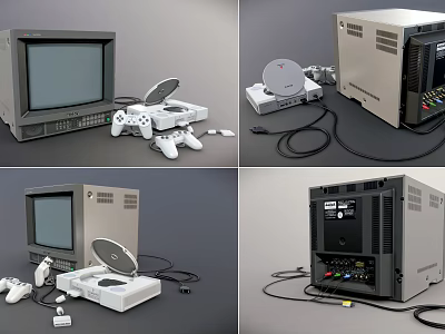 Vintage Digital Products Retro Computer Game Console With Controllers Discs And Cables 3d model