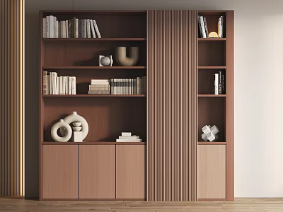 Modern Wooden Bookcase With Multiple Shelves Books Vases Decorations And Bottom Cabinets 3d model