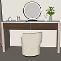 Modern Minimalist Wooden Dressing Table with Round Lighted Mirror and Beige Stool
