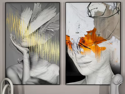 Black and White Abstract Portrait Paintings With Yellow Orange Strokes Two Panel Decor 3d model