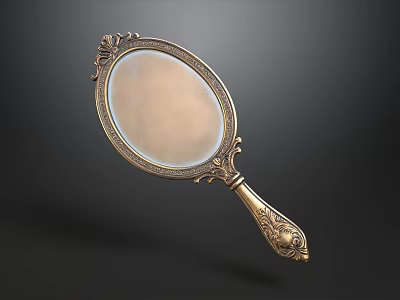 Elegant Oval Mirror With Golden Carved Handle And Vintage Design 3d model