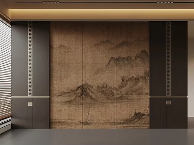 Traditional Chinese Landscape Wall Mural With Mountains River And Small Boat 3d model