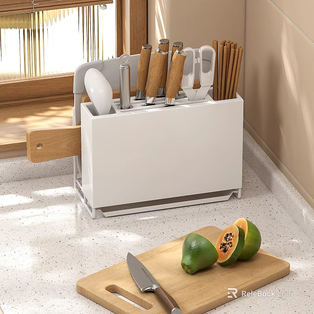 Modern Kitchen Cabinets With Practical Knife Holder And Fresh Papaya On Countertop 3d model 