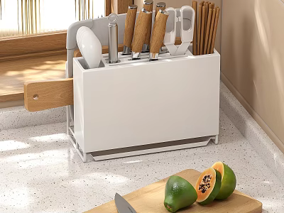 Modern Kitchen Cabinets With Practical Knife Holder And Fresh Papaya On Countertop 3d model