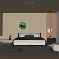 Modern Minimalist Bedroom Interior With Bed Green Artwork Wardrobe And Armchair