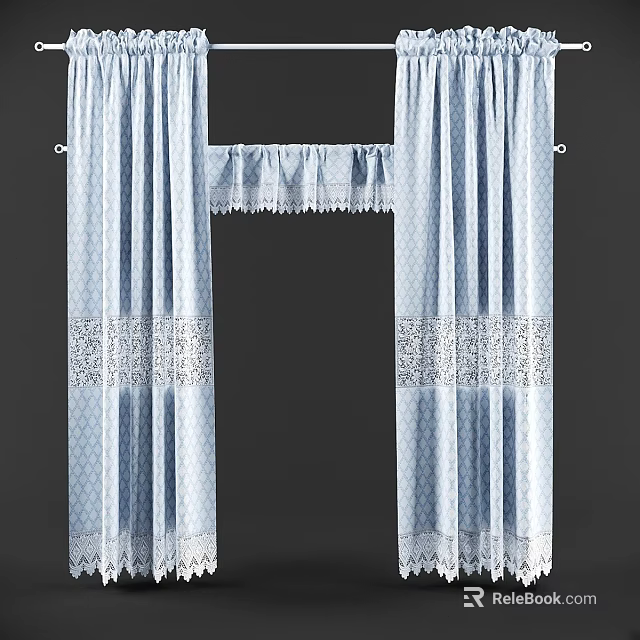 Light Blue Window Curtains With Elegant Lace Trim And Decorative Valance Design 3d model 