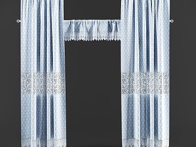 Light Blue Window Curtains With Elegant Lace Trim And Decorative Valance Design 3d model