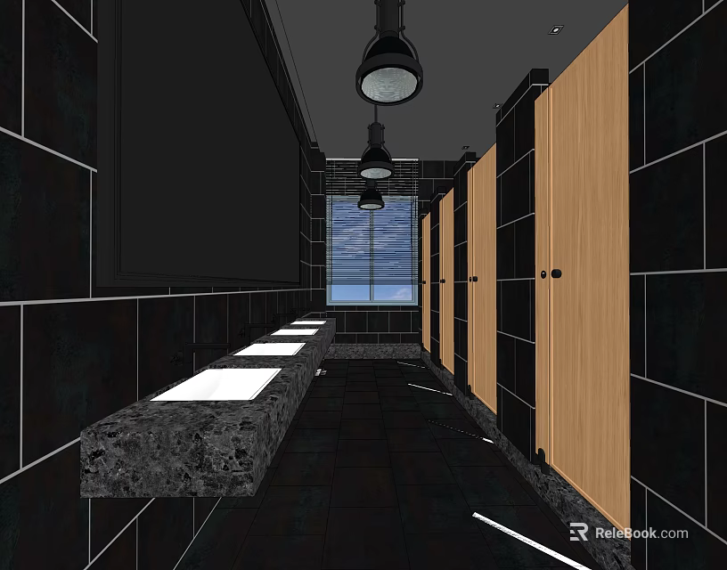 Public Restroom Interior With Black Tiled Walls Wooden Stalls Sink Counter And Ceiling Lights 3d model 