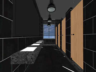 Public Restroom Interior With Black Tiled Walls Wooden Stalls Sink Counter And Ceiling Lights 3d model