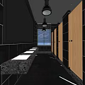 Public Restroom Interior With Black Tiled Walls Wooden Stalls Sink Counter And Ceiling Lights