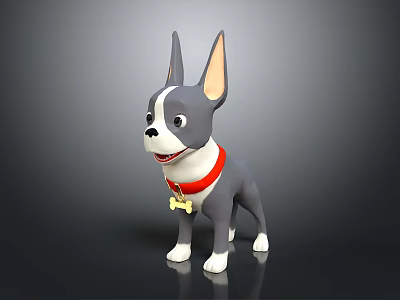 Adorable Black and White Dog Doll with Red Collar and Bone Pendant for Kids Play 3d model