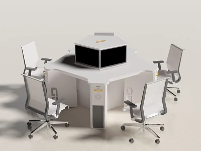 Modern Hexagonal Office Desk With Four Chairs And Computer Monitor On Top 3d model