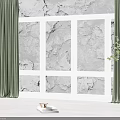 French Window With White Frame And Green Curtains Against Gray Stone Wall And Wooden Floor