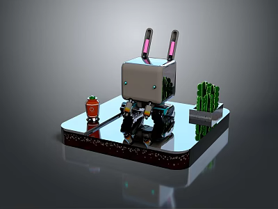 Square Robot Character with Pink Rabbit Ears and Green Cactus Plant on Display Platform 3d model