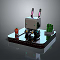 Square Robot Character with Pink Rabbit Ears and Green Cactus Plant on Display Platform