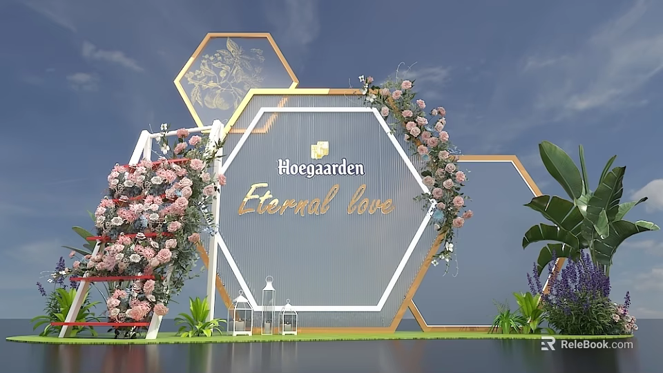 Hexagonal Photo Spot Hoeegaarden Eternal Love With Pink Flowers Greenery And Blue Sky Background 3d model 