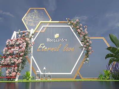 Hexagonal Photo Spot Hoeegaarden Eternal Love With Pink Flowers Greenery And Blue Sky Background 3d model