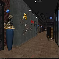 Industrial KTV Interior Design With Brick Wall Gear Decorations Long Corridor And Lighting 3d model