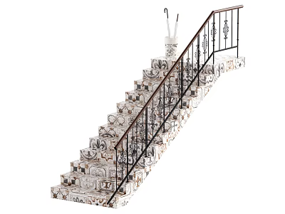 Elegant Classic Staircase With Marble Steps And Ornate Metal Railing 3d model