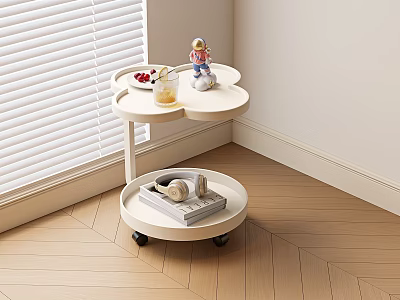 White Two Tier Side Table With Wheels Tray Fruit Drinks Doll Books And Headphones 3d model
