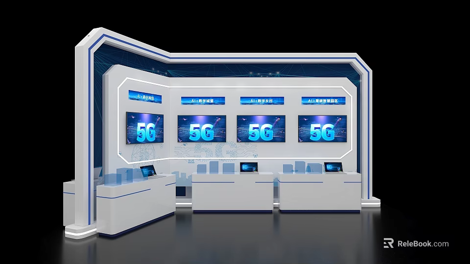 Modern Event Display Wall Design With 5G Digital Screens And Interactive Counters 3d model