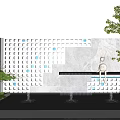Grid Patterned Feature Wall Design With Water Pool Fountains Green Plants And Round Lamps