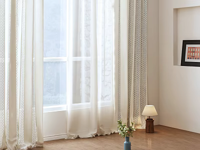White Sheer Curtains For Window Interior With Wooden Floor And Table Lamp 3d model