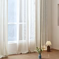 White Sheer Curtains For Window Interior With Wooden Floor And Table Lamp