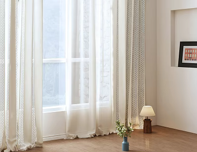 White Sheer Curtains For Window Interior With Wooden Floor And Table Lamp 3d model