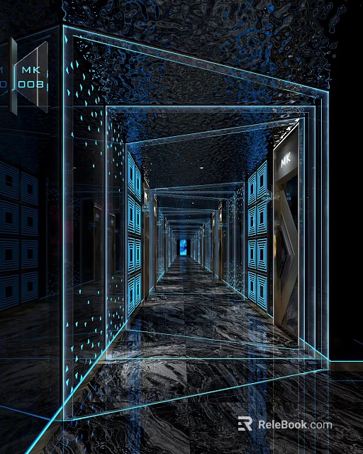 Modern KTV Corridor Interior With Blue Lighting And Glass Panel Decorations 3d model 