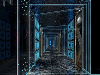 Modern KTV Corridor Interior With Blue Lighting And Glass Panel Decorations 3d model