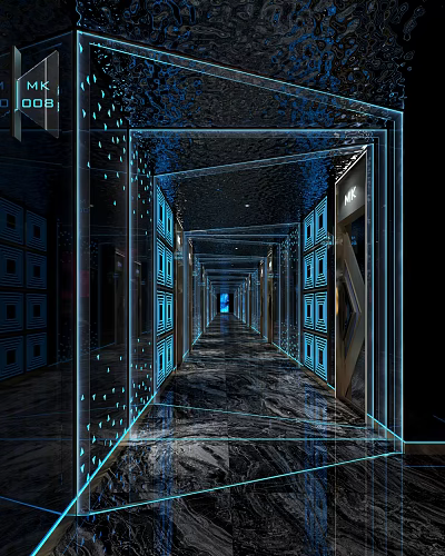 Modern KTV Corridor Interior With Blue Lighting And Glass Panel Decorations 3d model