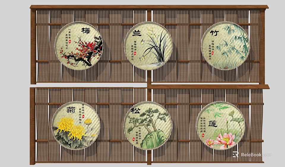 Round Framed Paintings With Plum Orchid Bamboo Chrysanthemum Pine Lotus On Bamboo Lattice Background 3d model 