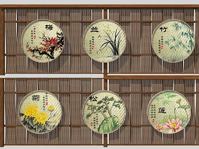 Round Framed Paintings With Plum Orchid Bamboo Chrysanthemum Pine Lotus On Bamboo Lattice Background 3d model