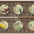 Round Framed Paintings With Plum Orchid Bamboo Chrysanthemum Pine Lotus On Bamboo Lattice Background