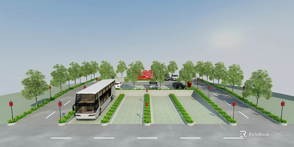 Eco friendly Parking Lot With Lush Trees Green Plants Bus And Cars 3d model 
