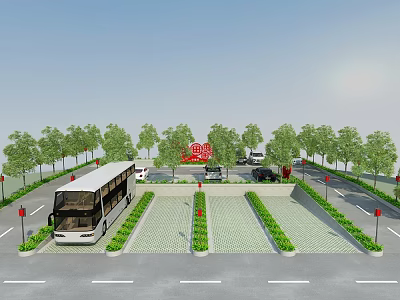 Eco friendly Parking Lot With Lush Trees Green Plants Bus And Cars 3d model