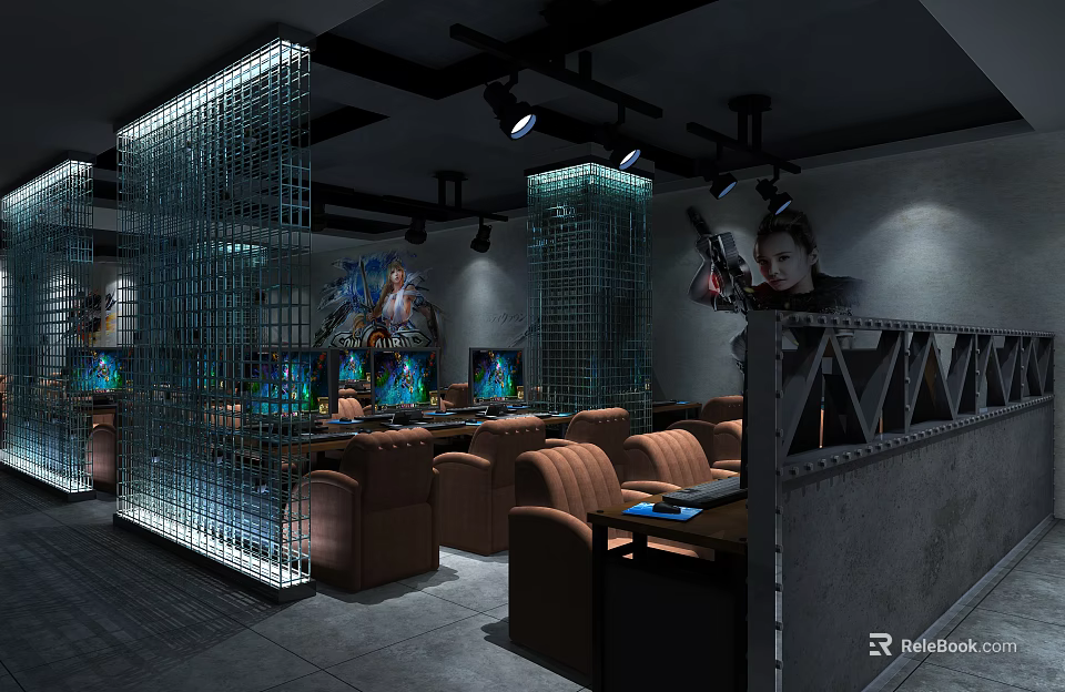 Modern Internet Café Interior Design With Open Layout Lighting Computers And Comfortable Seats 3d model 
