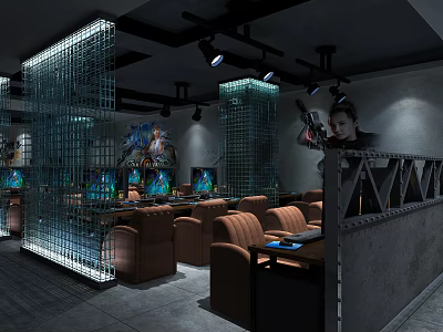 Modern Internet Café Interior Design With Open Layout Lighting Computers And Comfortable Seats 3d model