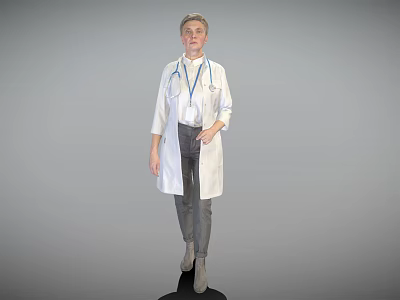 Woman in White Doctor Coat Standing With Stethoscope And ID Badge 3d model